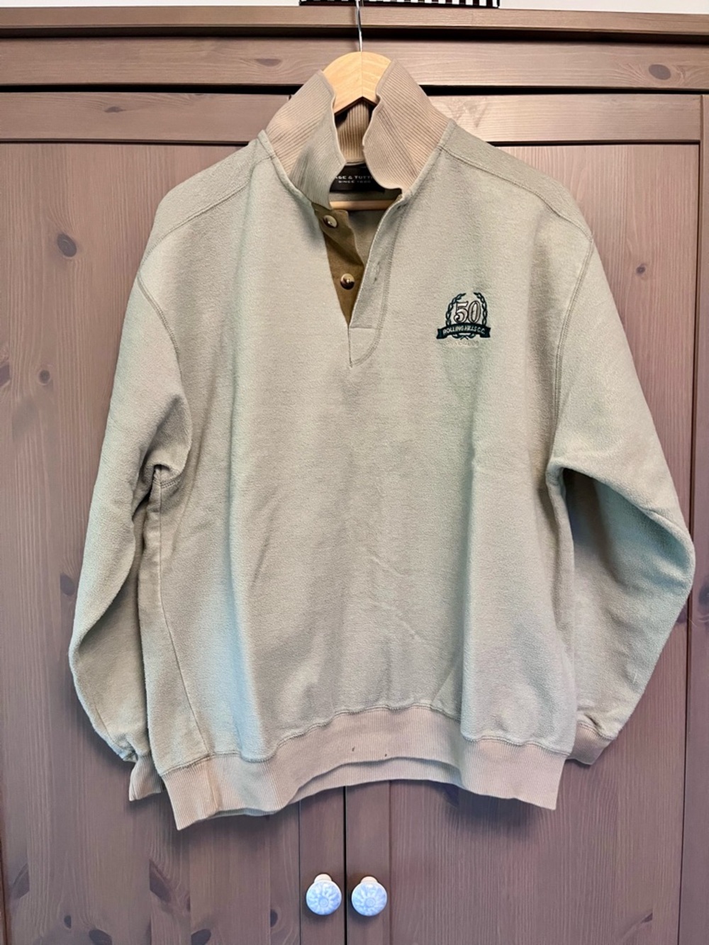 PAGE & TUTTLE | Sage Green Quarter-button Pullover w/ Embroidered Crest